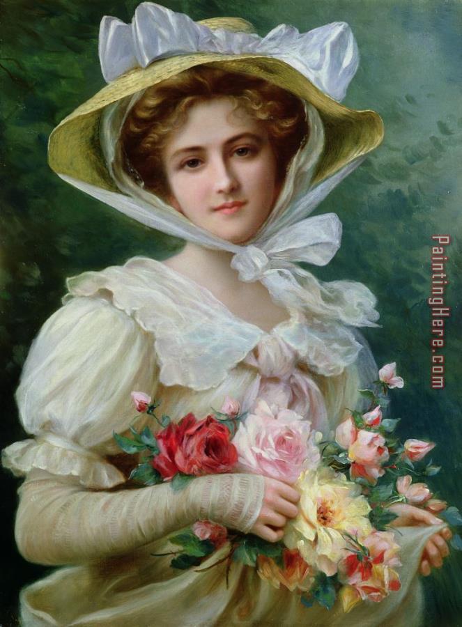 Emile Vernon Elegant lady with a bouquet of roses